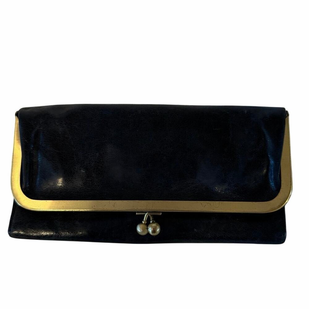 Hobo Clutch Purse Bronze Hardware Inner Pocket Leather Kiss Lock Black